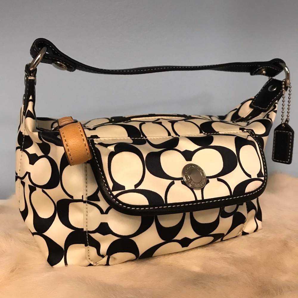 Coach purse - Black & White, satin canvas, 8”x5”x7”